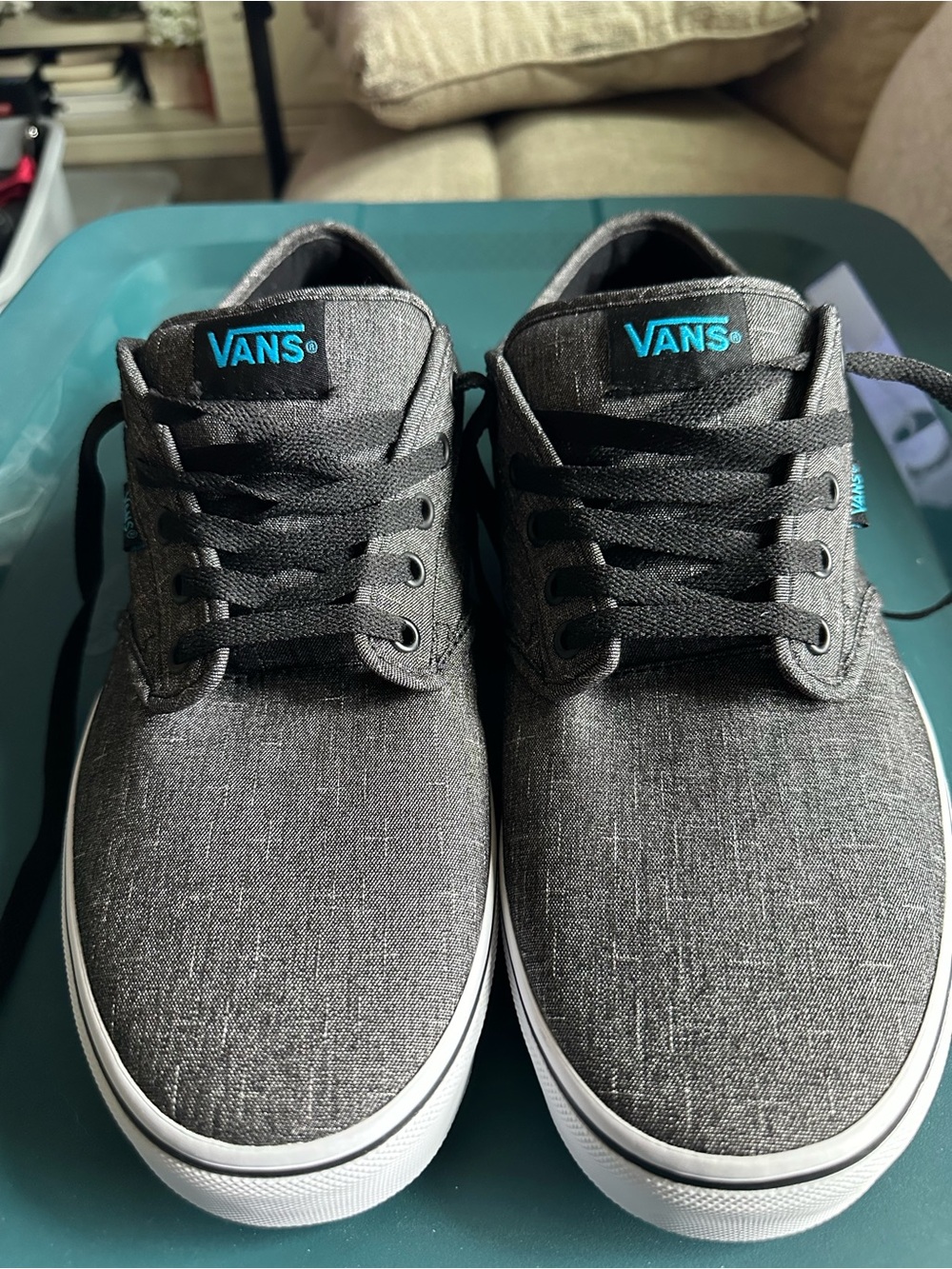 Vans Gray Canvas Low-Top Sneakers with Teal Logo